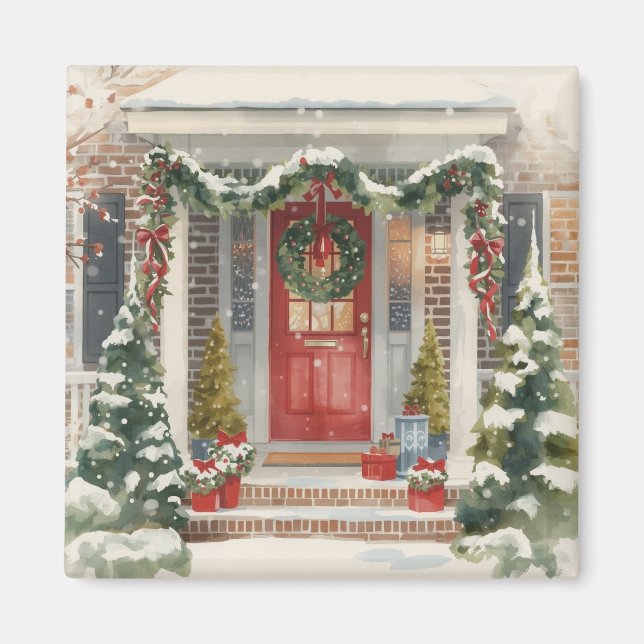 Imán Cute Snowy Christmas Porch  (Frente)