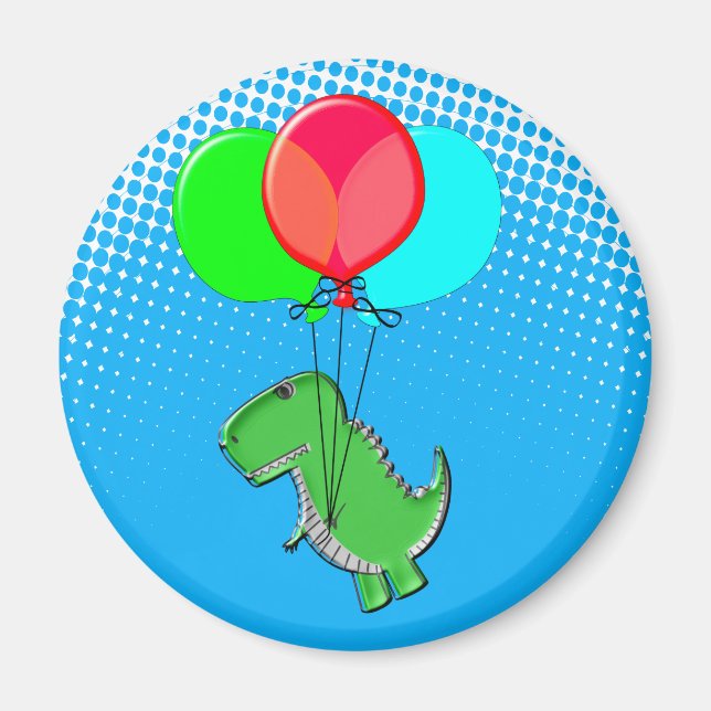 Imán Cute T-Rex Volando Con Globos En Cielo Azul (Frente)