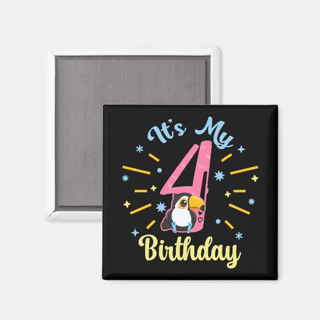 Imán Cute Toucan cuarto cumpleaños Chica de nacimientos (Anverso/Reverso)