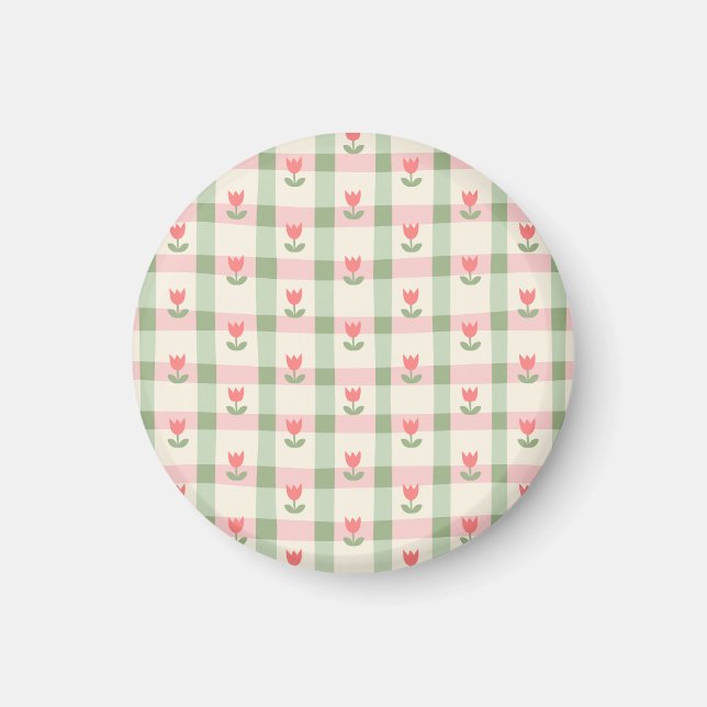 Imán Cute Tulip Checkered Pattern | Pastel Floral  (Frente)