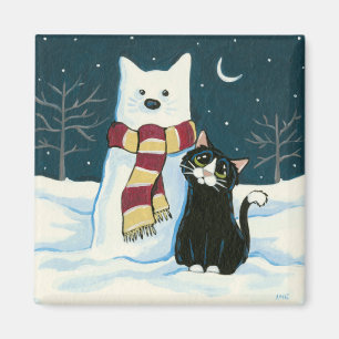 Imán Cute Tuxedo Cat y Snowman Painting Magnet