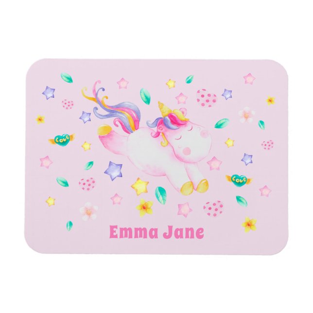 Imán Cute Unicornio - Niños rosas personalizados  (Horizontal)