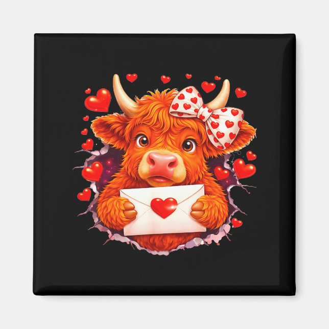 Imán Cute Valentine Highland Cow With Heart Bow Western (Frente)