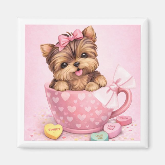 Imán Cute Valentine Yorkie in Pink Teacup Magnet (Frente)