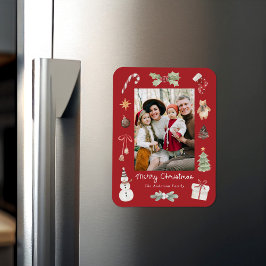 Imán Cute Watercolor Merry Christmas Red Family Photo