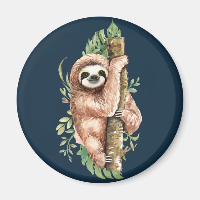 Imán Cute Watercolor Sloth & Tropical Leaves (Frente)