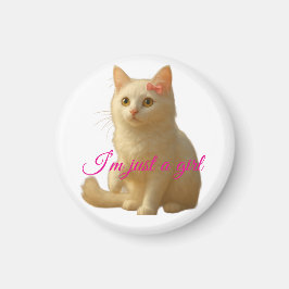 Imán Cute White Persian Cat "I'm Just a Girl" Pink Text