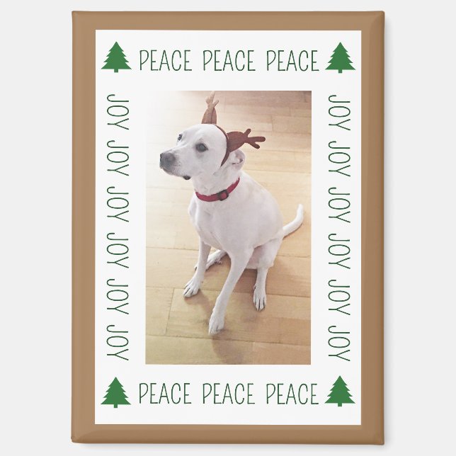 Imán Cute White Reindeer Puppy Dog Peace Joy Brown (Anverso)