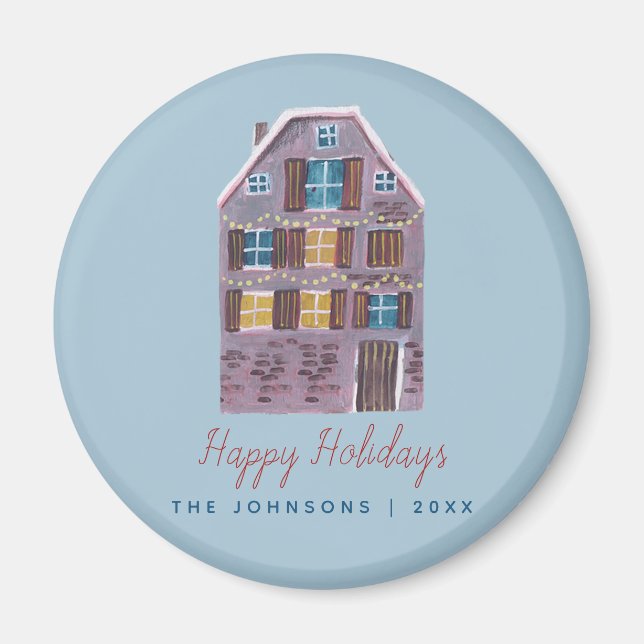 Imán Cute Winter House Village Navidades de escena (Frente)