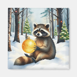 Imán Cute Winter Raccoon with Gold Ornament Christmas