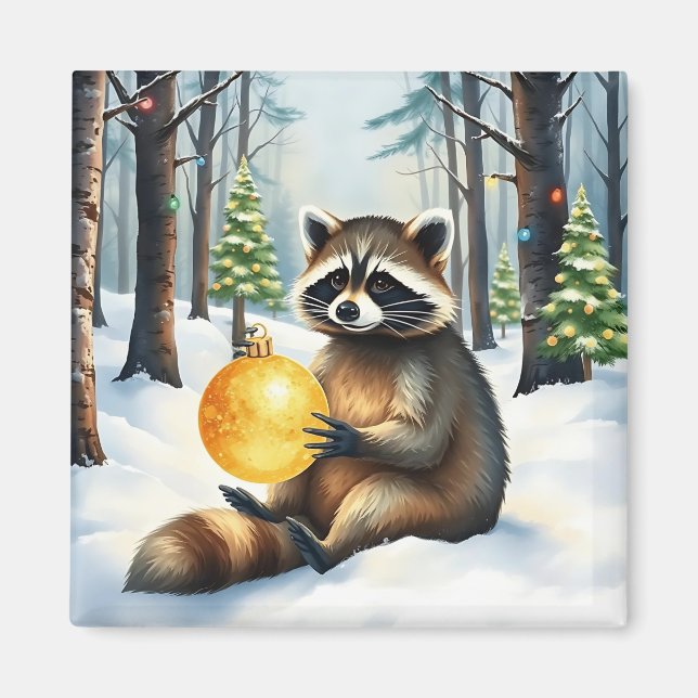 Imán Cute Winter Raccoon with Gold Ornament Christmas (Frente)
