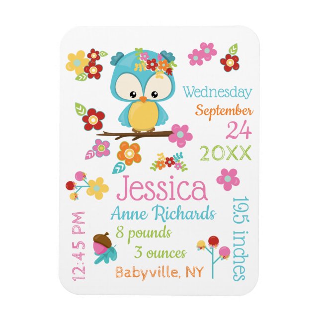 Imán Cute Woodland Owl Baby Girl Record Stats (Vertical)