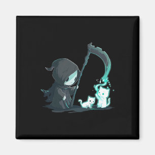 Imán Cuto Grim Reaper Skeleton Con Gato Fantasma Kawaii