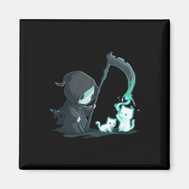Imán Cuto Grim Reaper Skeleton Con Gato Fantasma Kawaii (Frente)
