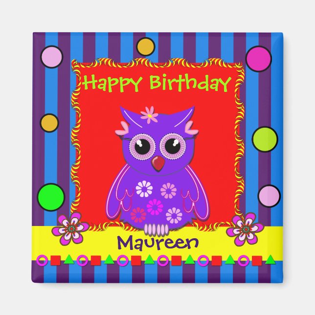 Imán Cuto personalizable Owl Birthday Magnet con texto (Frente)