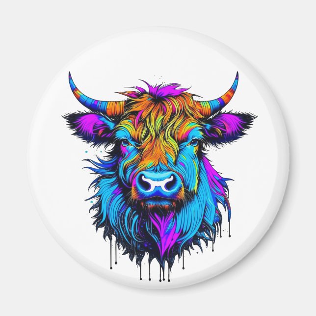 Imán Cyberpunk Colorful Ai Highland Cow (Frente)