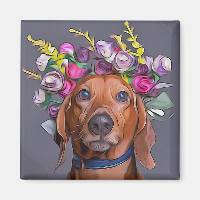 Imán Dachshund Cerró Las Flores De Dachshund (Frente)