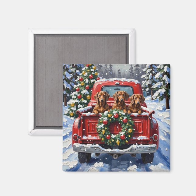 Imán Dachshund Christmas Red Truck Holiday (Anverso/Reverso)