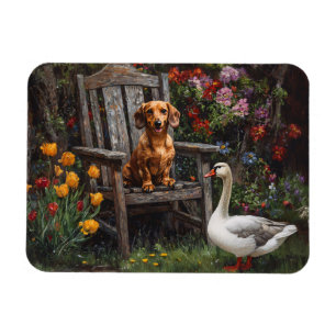 Imán Dachshund con ganso en un jardín