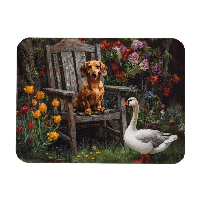 Imán Dachshund con ganso en un jardín (Horizontal)