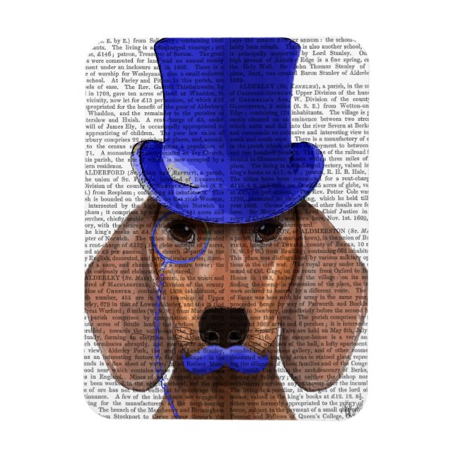 Imán Dachshund con sombrero azul superior y bigote azul (Vertical)