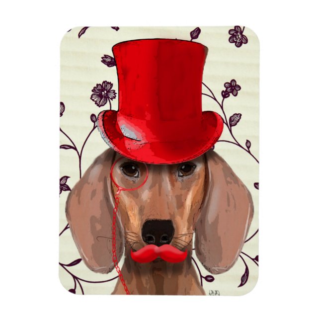 Imán Dachshund con sombrero rojo superior (Vertical)