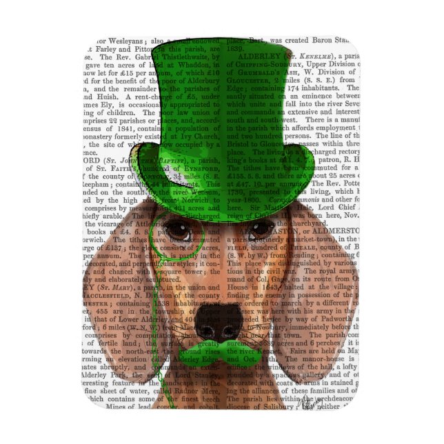 Imán Dachshund con sombrero verde superior y bigote (Vertical)