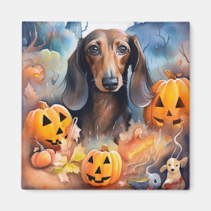 Imán Dachshund de Halloween con calabazas espeluznantes
