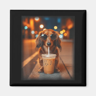 Imán Dachshund divertido bebiendo café helado amante pe