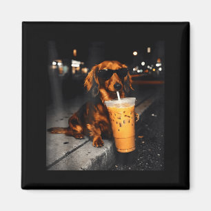 Imán Dachshund divertido bebiendo café helado meme de p
