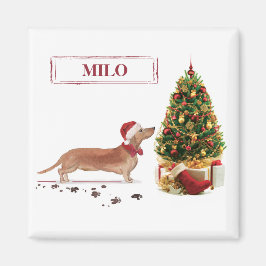 Imán Dachshund divertido de Navidad con árbol