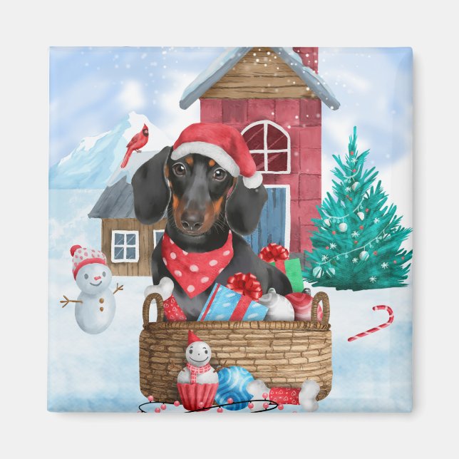 Imán Dachshund Dog In snow Christmas Dog House  (Frente)