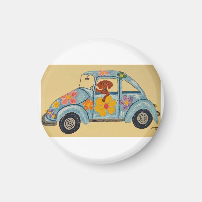 Imán Dachshund en coche hippie (Frente)