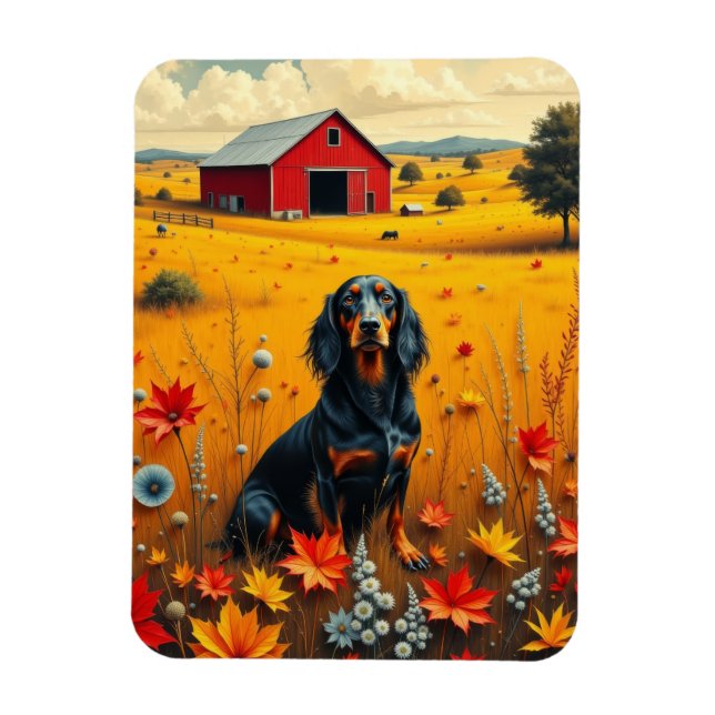 Imán dachshund en la granja en otoño (Vertical)