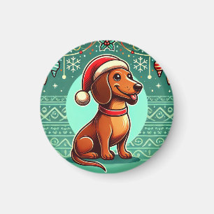 Imán Dachshund festivo con sombrero de Santa