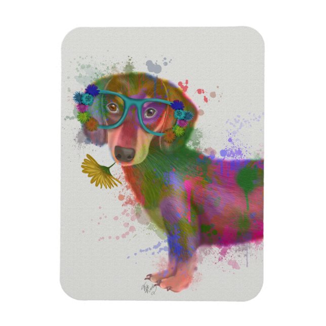 Imán Dachshund & Glasses Splash Arcoiris (Vertical)