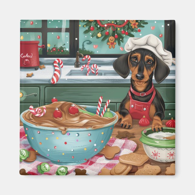 Imán Dachshund Holiday Baking: Navidades festivos (Frente)
