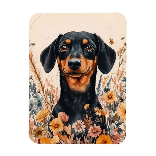 Imán Dachshund lindo con flores silvestres flexible (Vertical)