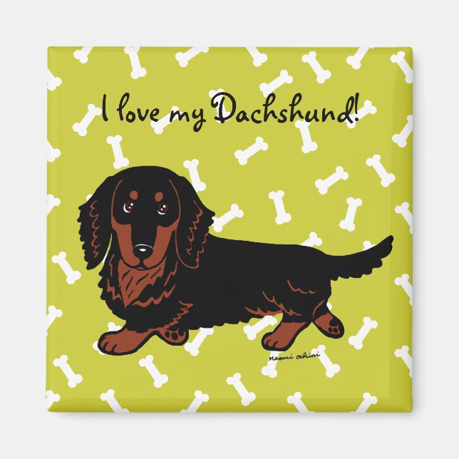 Imán Dachshund Long Haired Black and Tan (Frente)