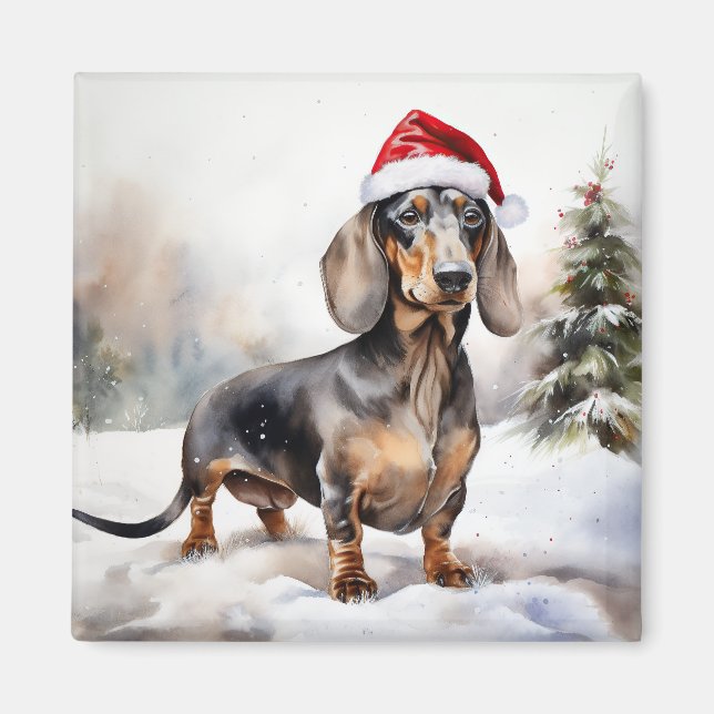 Imán Dachshund Perro en Navidad Nieve (Frente)