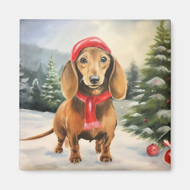 Imán Dachshund Perro en Navidad Nieve  (Frente)