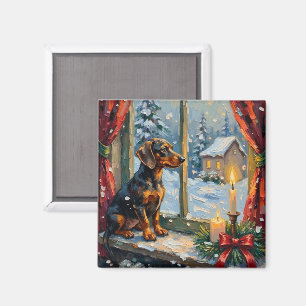 Imán Dachshund Vintage junto a una ventana navideña aco