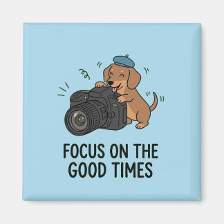 Imán Dachshund With Camera "Focus on Good Times" Blue 
