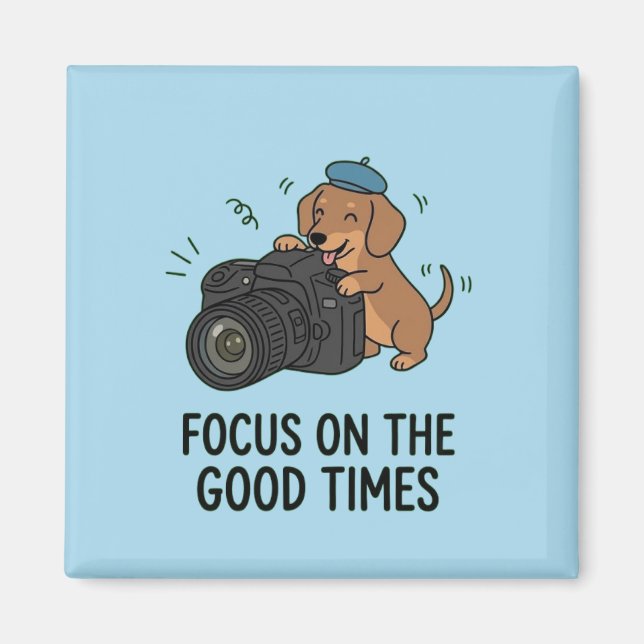 Imán Dachshund With Camera "Focus on Good Times" Blue  (Frente)