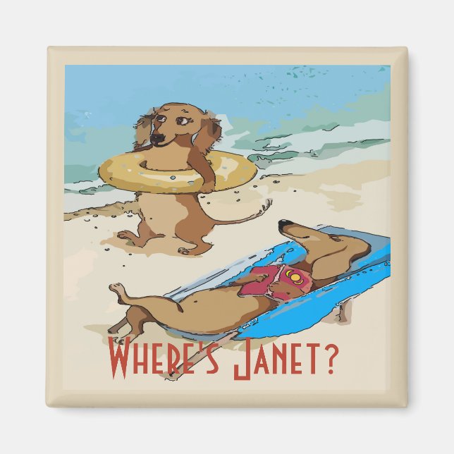 Imán Dachshunds en la playa, añadir prueba (Frente)