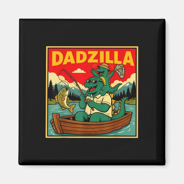Imán Dadzilla pescando dinosaurio padre e hijo retro  (Frente)