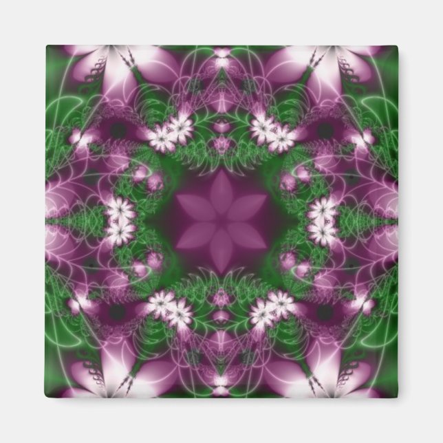 Imán Daisies | Arte fractal morado, verde y blanco (Frente)