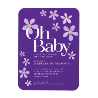 Imán Daisy baby ducha oh baby púrpura invitaciones