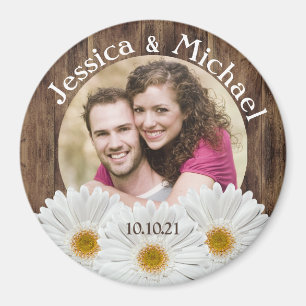 Imán Daisy blanco Rústico Boda de fotografía de madera