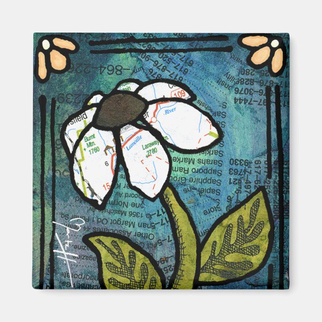 Imán Daisy blanco sobre fondo azul - Collage (Frente)